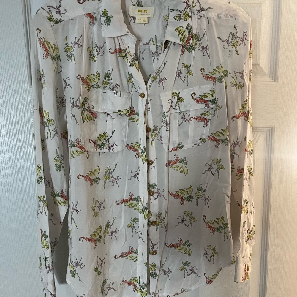 Anthropologie White Blouse with Green and Red Print
